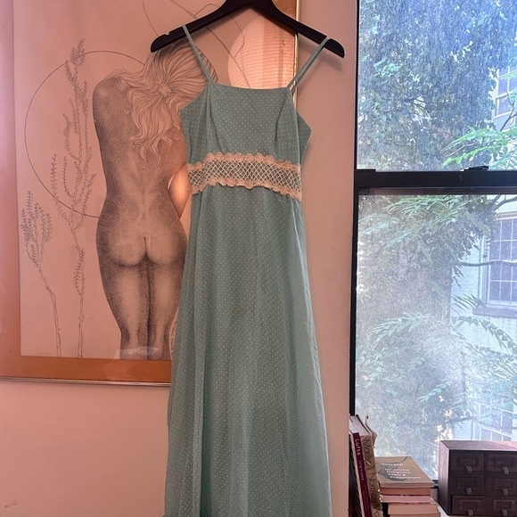 Vintage Dresses & Skirts - vintage light blue lace polka dot maxi dress daisy lace empire waist